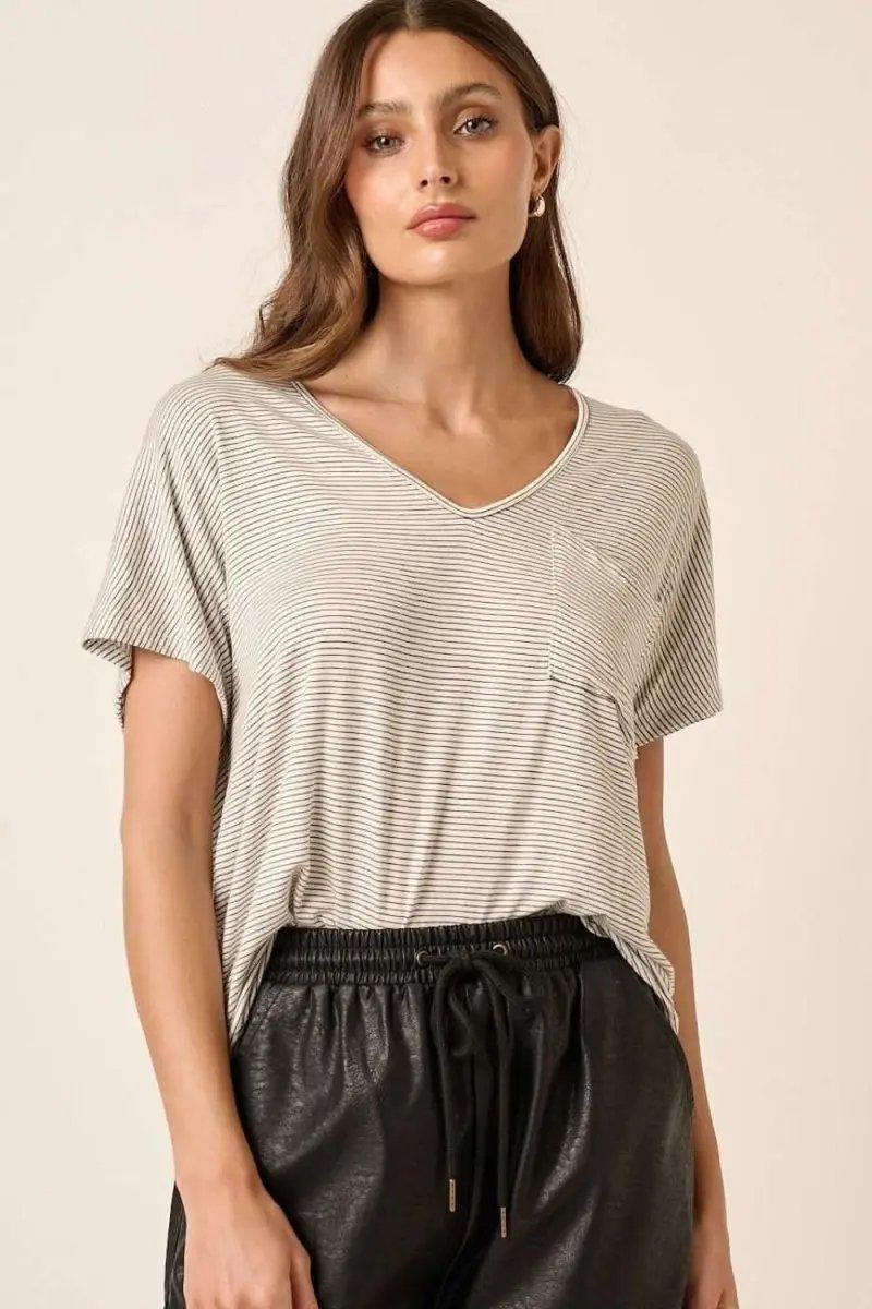 Mittoshop Striped V-Neck Short Sleeve T-Shirt - Love Salve
